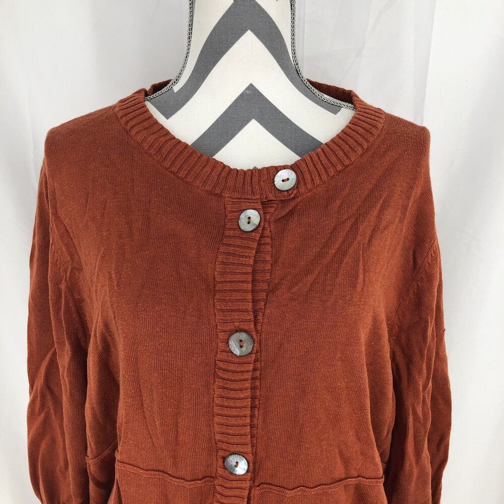 Ulla Popken Burnt Orange 3/4 Sleeve MOP Button Front Cardigan Sweater 16/18